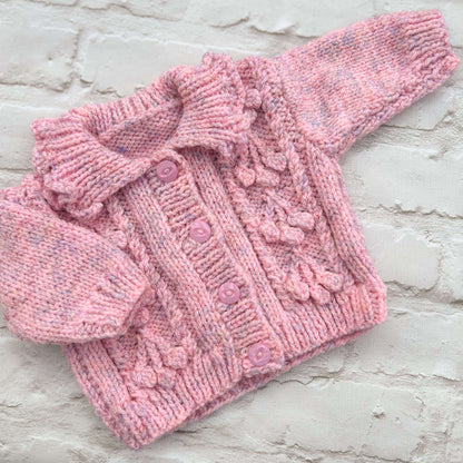 Hand knitted personalised baby cardigan in pink marl size 3-6 months — made to order in the UK | Little Name Knits