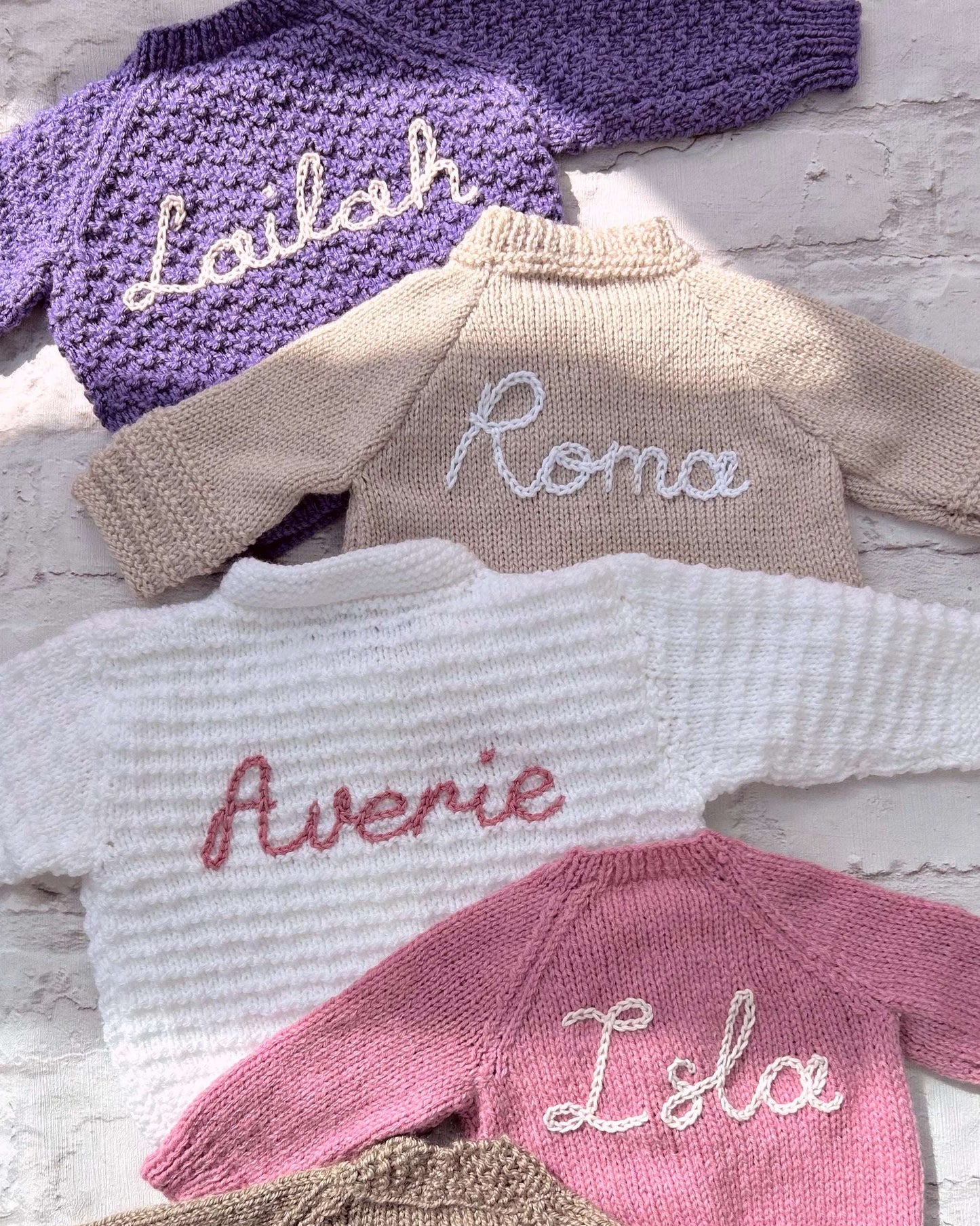 various cardigans personalised with hand embroidered name | Little Name Knits send in service