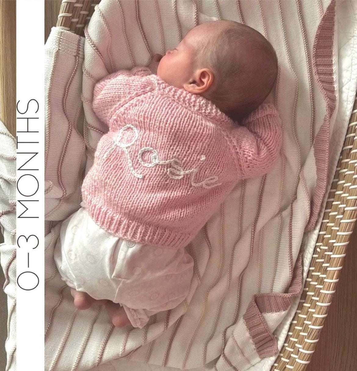 Personalised hand knitted Baby Pink baby cardigan showing embroidered name, size 0-3 months | Little Name Knits