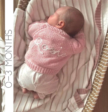 Personalised hand knitted Baby Pink baby cardigan showing embroidered name, size 0-3 months | Little Name Knits