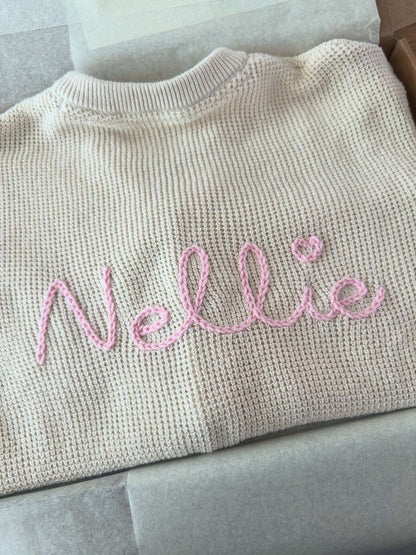 Personalised send in knitwear service — hand embroidered baby name on existing knit | Little Name Knits