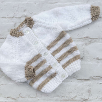 Hand knitted personalised baby cardigan in white beige stripe, size 0-3 months — made to order in the UK | Little Name Knits