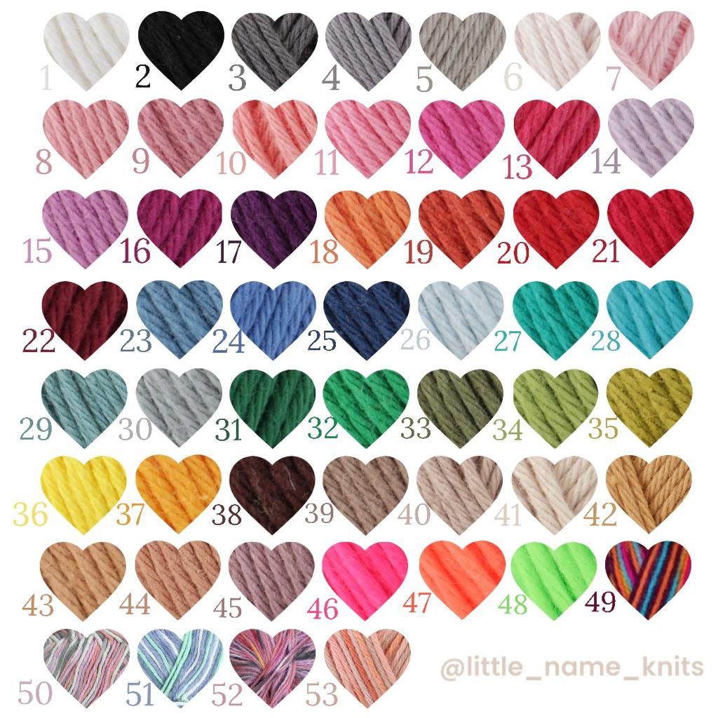 Colour swatches of heart-shaped yarn samples with a range of colours available for the personalised baby name embroidery.