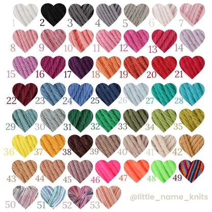 Colour swatches of heart-shaped yarn samples with a range of colours available for the personalised baby name embroidery.