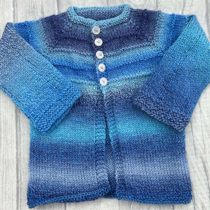 Hand knitted personalised baby cardigan in blue mix detail 12-18 months — made to order in the UK | Little Name Knits