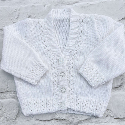 Hand knitted personalised baby cardigan in white, size 0-3 months — made to order in the UK | Little Name Knits