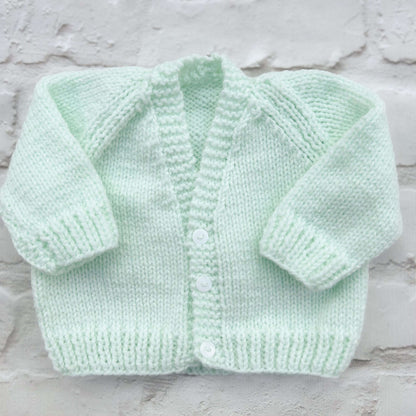Hand knitted personalised baby cardigan in mint green, size 0-3 months — made to order in the UK | Little Name Knits