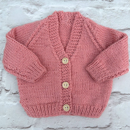 Hand knitted personalised baby cardigan in rose pink, size newborn — made to order in the UK | Little Name Knits
