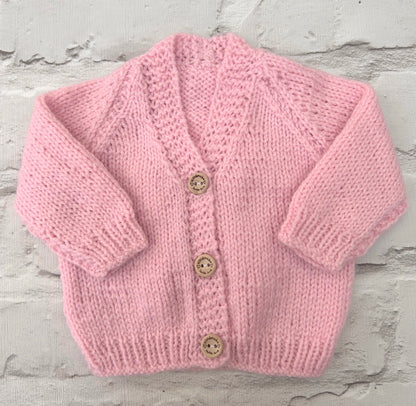 Hand knitted personalised baby cardigan in baby Pink, newborn made to order in the UK | Little Name Knits