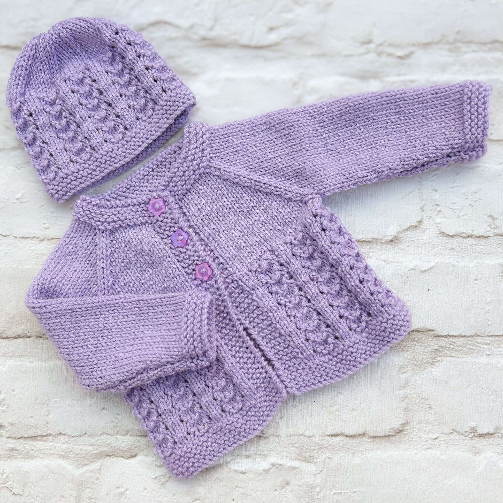 Hand knitted personalised baby cardigan in Lilac, newborn— made to order in the UK | Little Name Knits