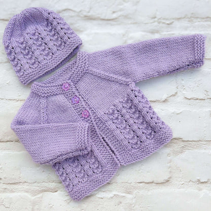 Hand knitted personalised baby cardigan in Lilac, newborn— made to order in the UK | Little Name Knits