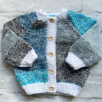 Hand knitted personalised baby cardigan in blue grey and white mix, size 3-6 months — made to order in the UK | Little Name Knits