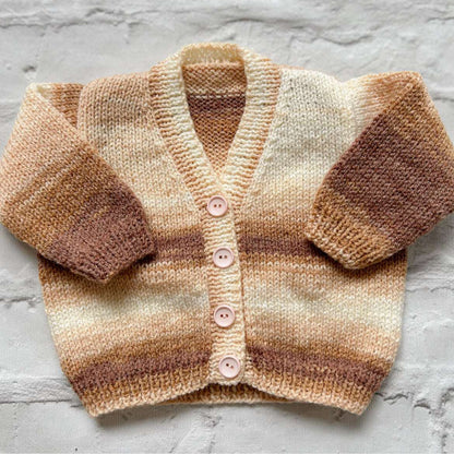 Hand knitted personalised baby cardigan in stunning neutral mix size 3-6 months — made to order in the UK | Little Name Knits