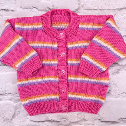 Hand knitted personalised baby cardigan in bright pink, orange, lilac stripe in size 3-6 months — made to order in the UK | Little Name Knits