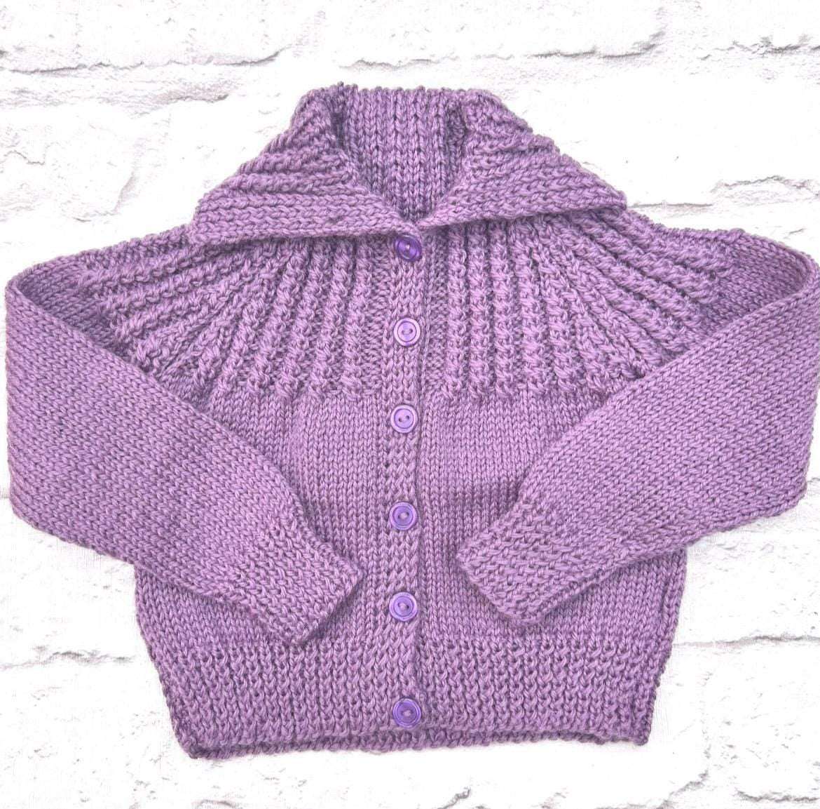 Hand knitted personalised baby cardigan in purple size 3-6 months — made to order in the UK | Little Name Knits