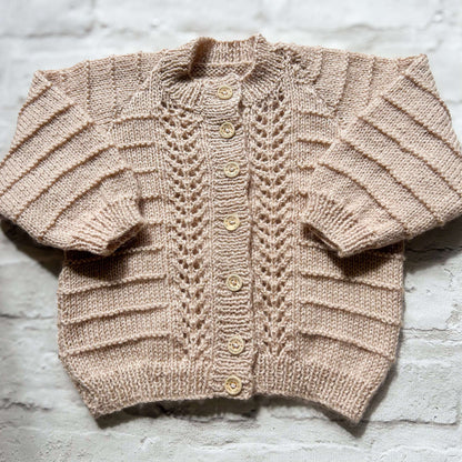 Hand knitted personalised baby cardigan in beige detail 12-18 months — made to order in the UK | Little Name Knits