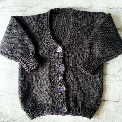 Hand knitted personalised baby cardigan in ink blue size 3-6 months — made to order in the UK | Little Name Knits