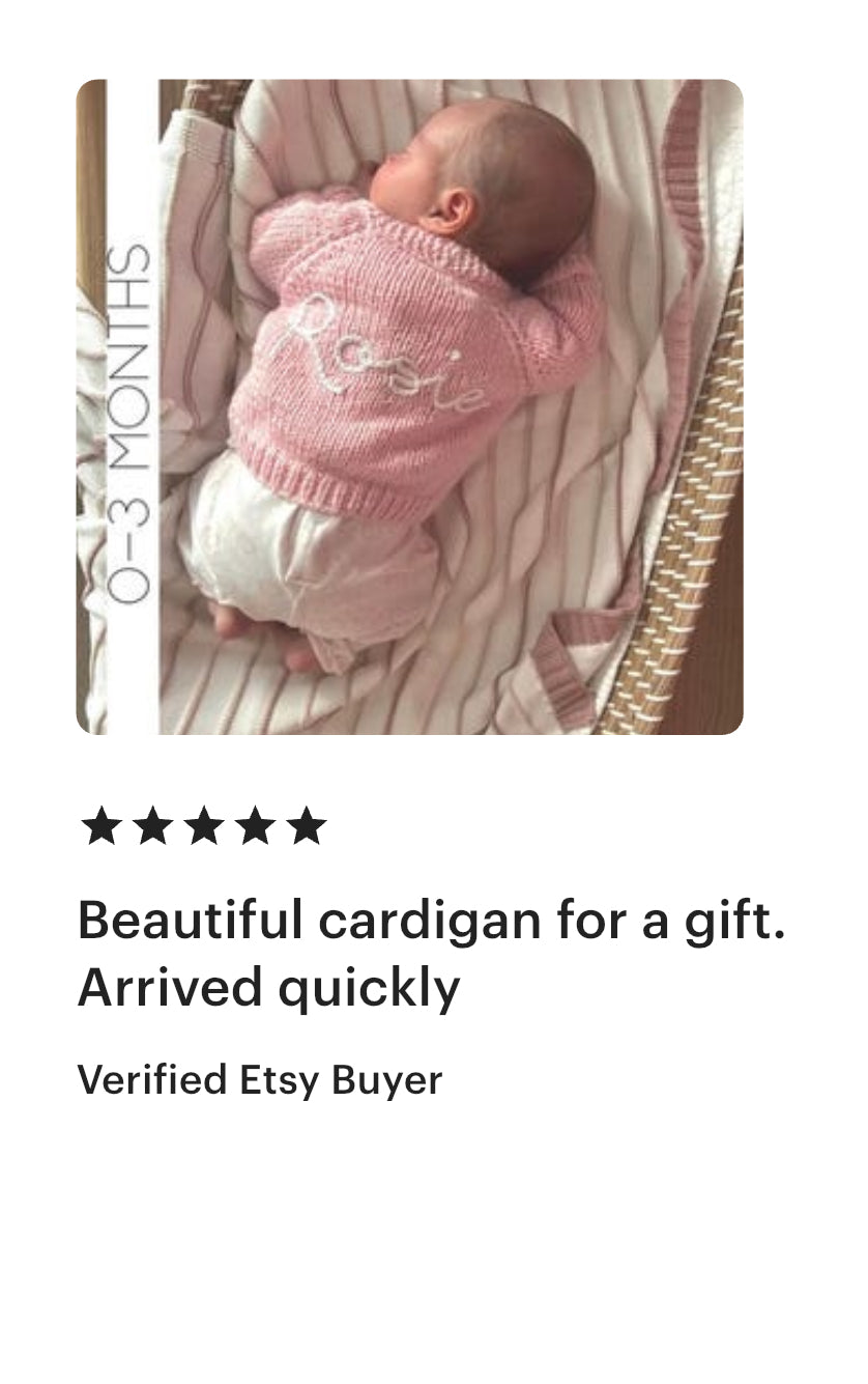 Baby in a pink cardigan with text about product quality and quick delivery.