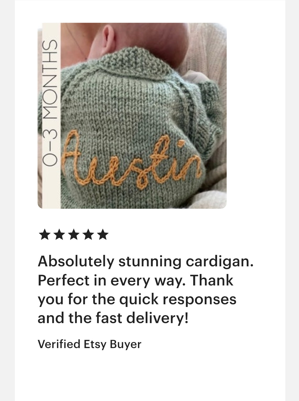 Green hand  knitted cardigan with name hand embroidered on it, shown on a baby model.