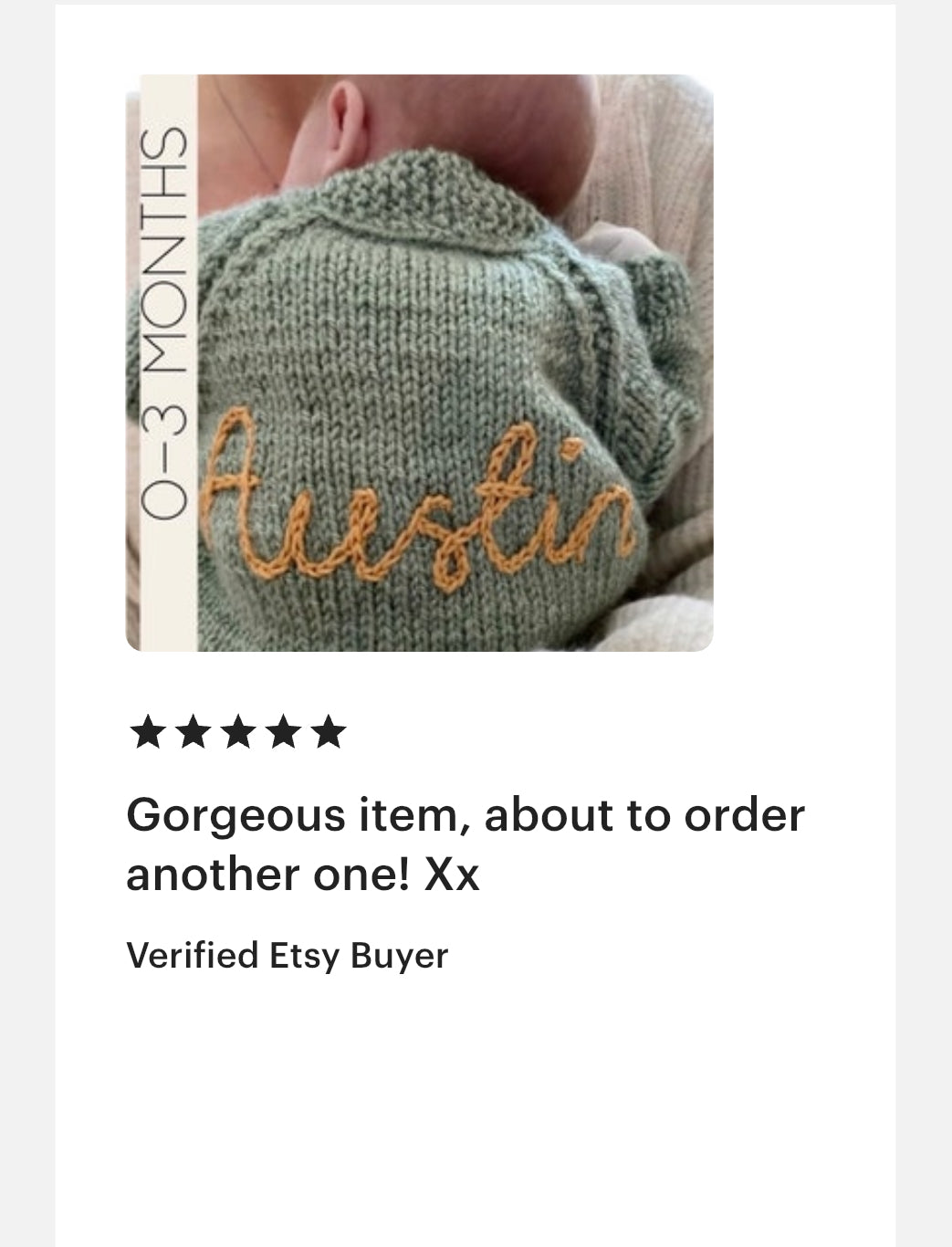 Green knitted baby sweater with 'Austin' embroidered on it, worn by a baby, with a five-star rating from a verified Etsy buyer.