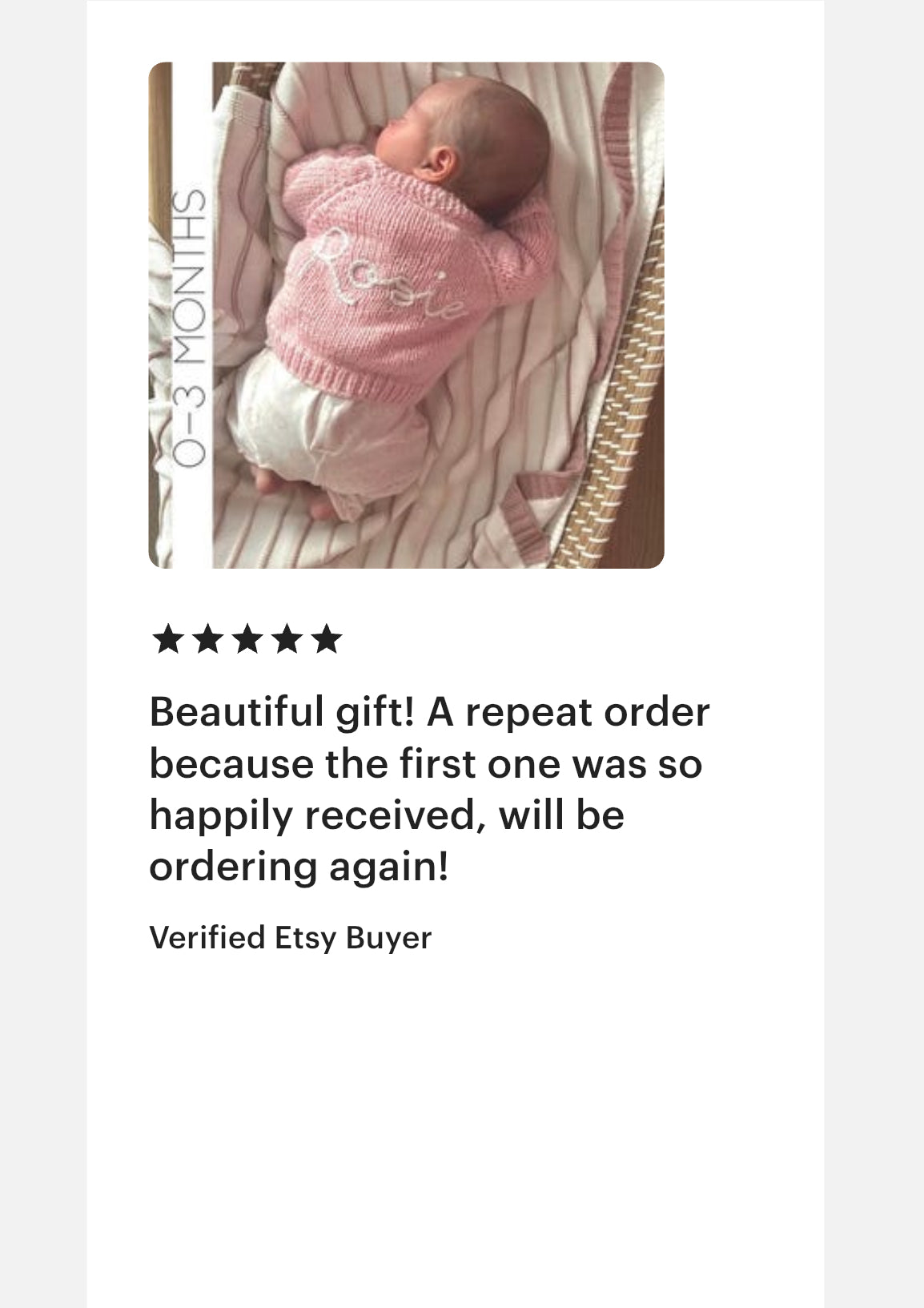 Baby in pink hand knitted outfit with striped blanket, positive review text below with a five star product review from verified etsy buyer happy with baby gift received