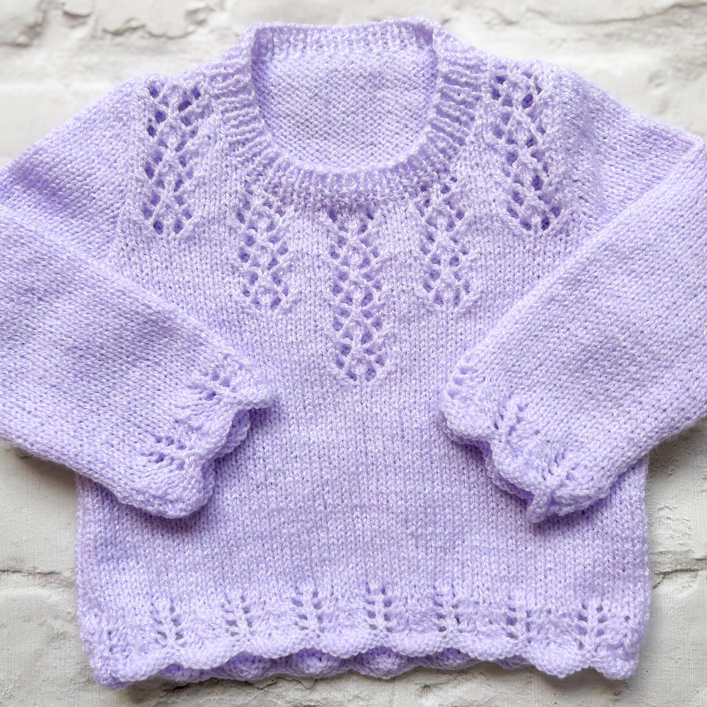 Hand knitted personalised baby jumper in lilac, size 0-3 months — made to order in the UK | Little Name Knits