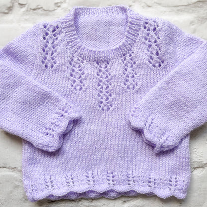 Hand knitted personalised baby jumper in lilac, size 0-3 months — made to order in the UK | Little Name Knits
