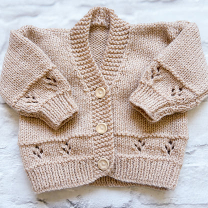 Hand knitted personalised baby cardigan in detailed beige, size 0-3 months — made to order in the UK | Little Name Knits