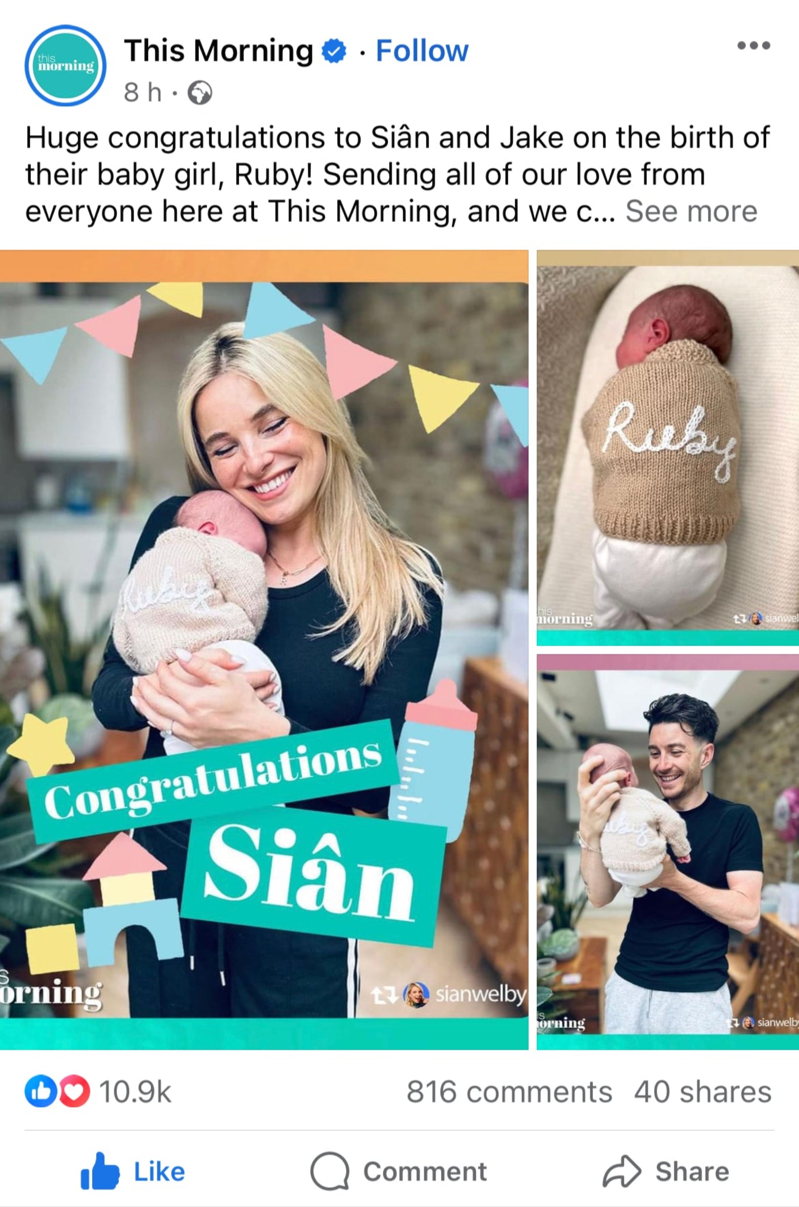 News broadcast congratulating Siân and Jake on the birth of their baby girl Ruby. Ruby is wearing a hand knitted cardigan from Little Name Knits
